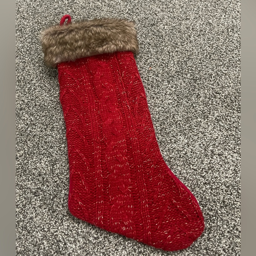 Red Knit Christmas Stocking with Faux Fur Trim